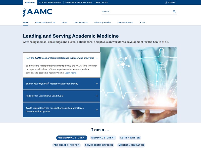 AAMC homepage redesign showing audience self-selection navigation