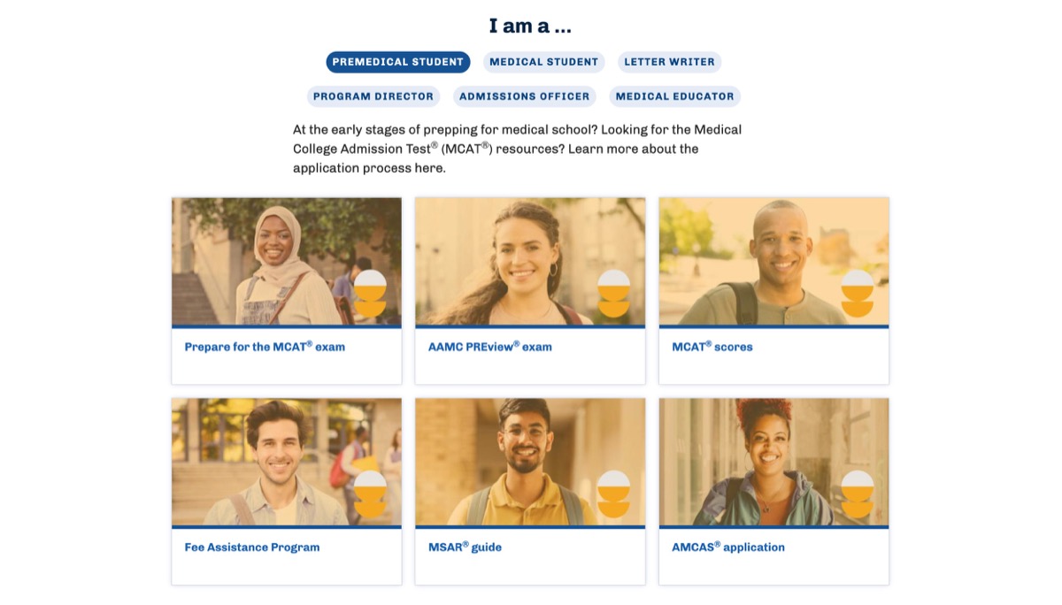 AAMC homepage redesign showing the four-zone audience routing model for six distinct user groups