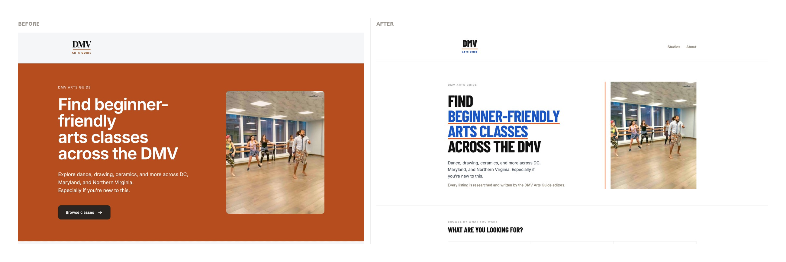 Before and after comparison showing the prototype homepage versus the redesigned DMV Arts Guide homepage with goal-based navigation