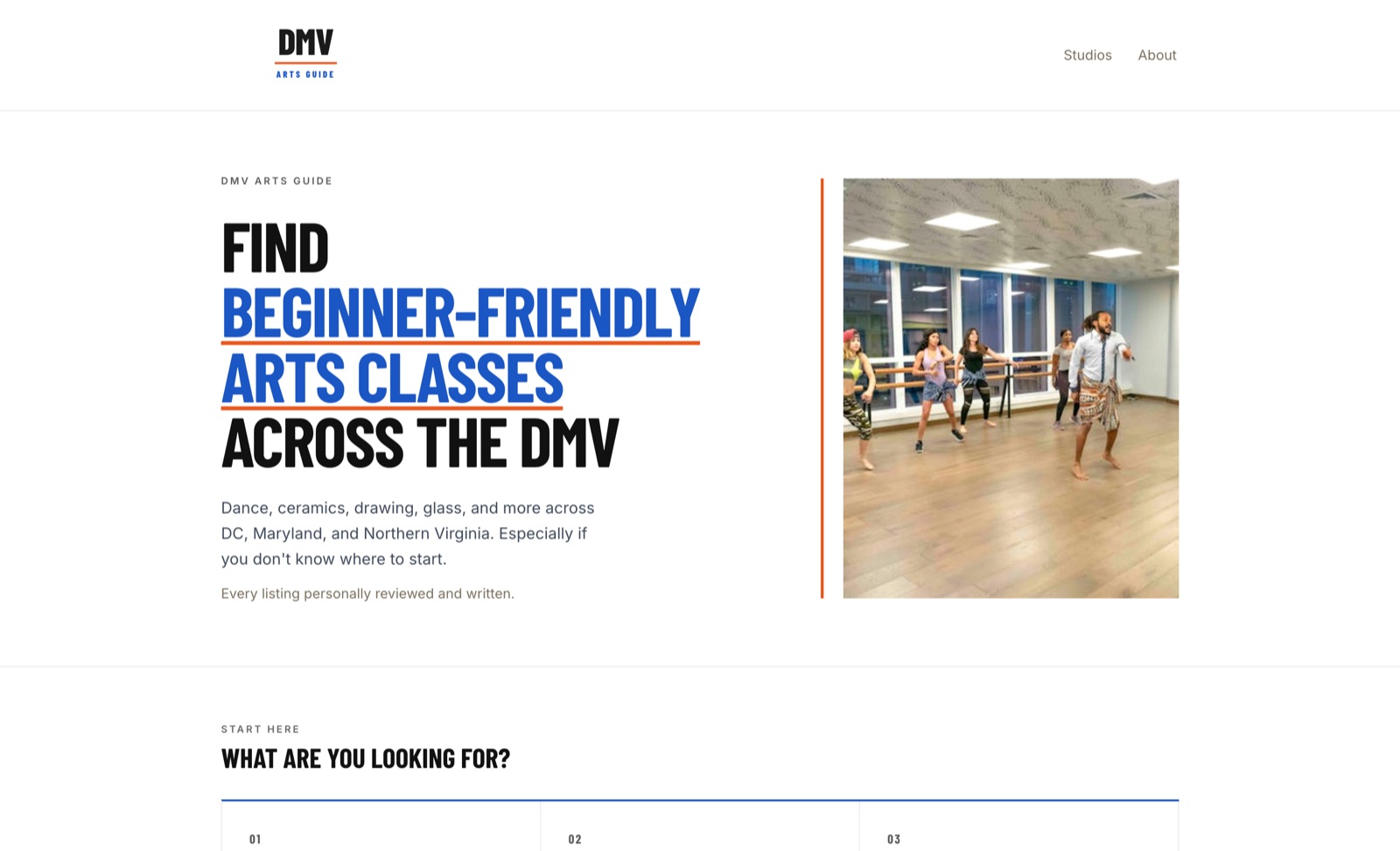 DMV Arts Guide homepage with the headline Find beginner-friendly arts classes across the DMV