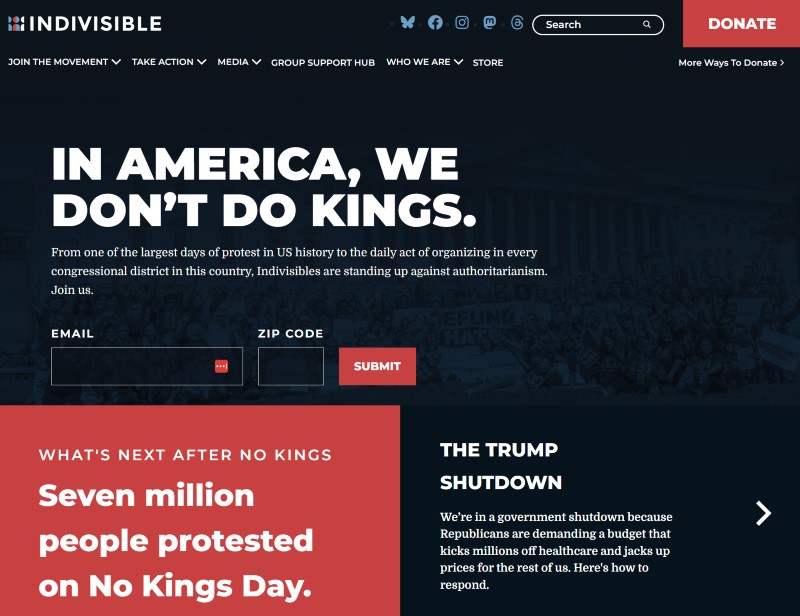 Indivisible website redesign showing the modular resource library with prioritization controls for organizers