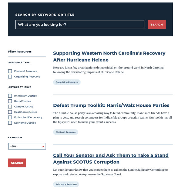 Indivisible resource center showing topic-based categorization