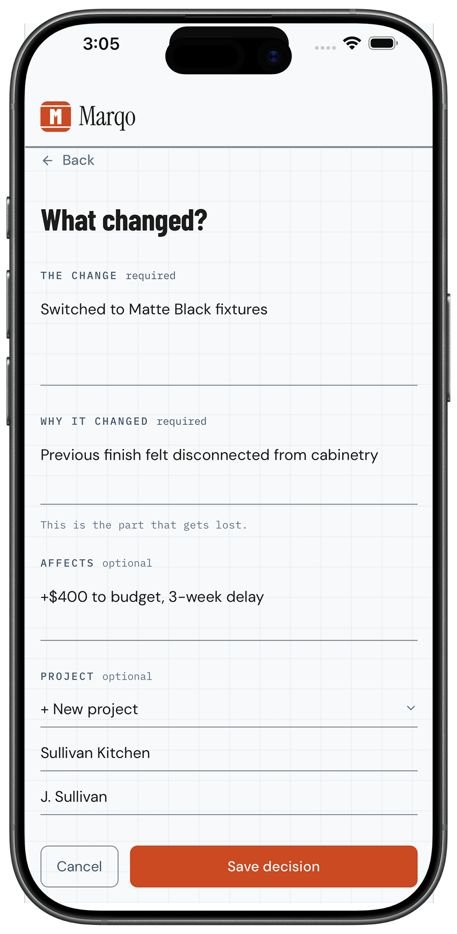 The Marqo capture screen, showing the what changed, why and affects fields