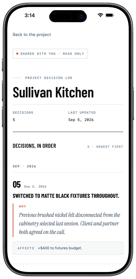The read-only client log. A Shared with you, read only banner above the project decision log, each decision with its reasoning and what it affects.