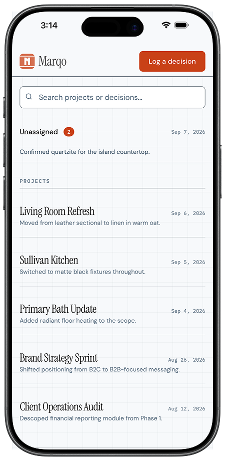 Marqo home screen. A search field above an Unassigned group, then a list of client projects, each with its most recent decision and when it was logged.