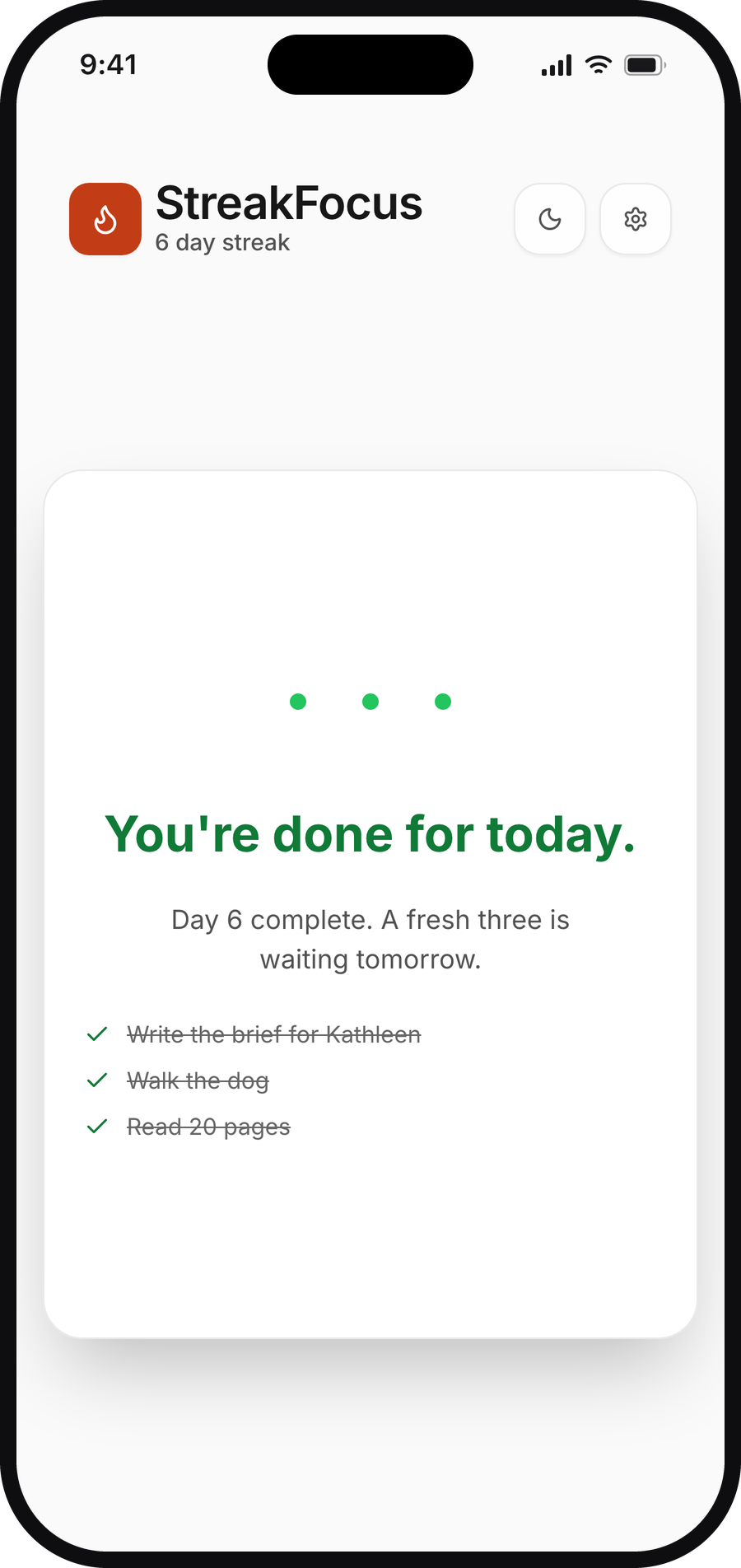 StreakFocus showing completed task with checkmark and progress indicator