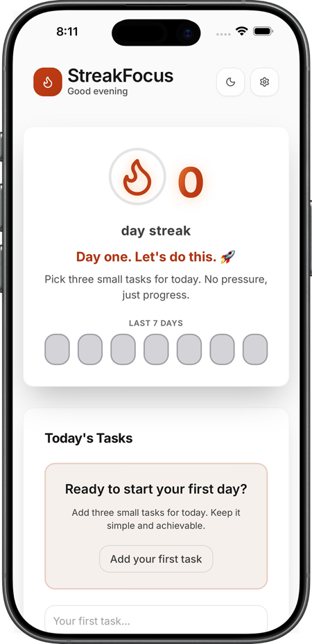 StreakFocus on day one: a zero-day streak, an empty seven-day row, and a prompt to add the first of three tasks.